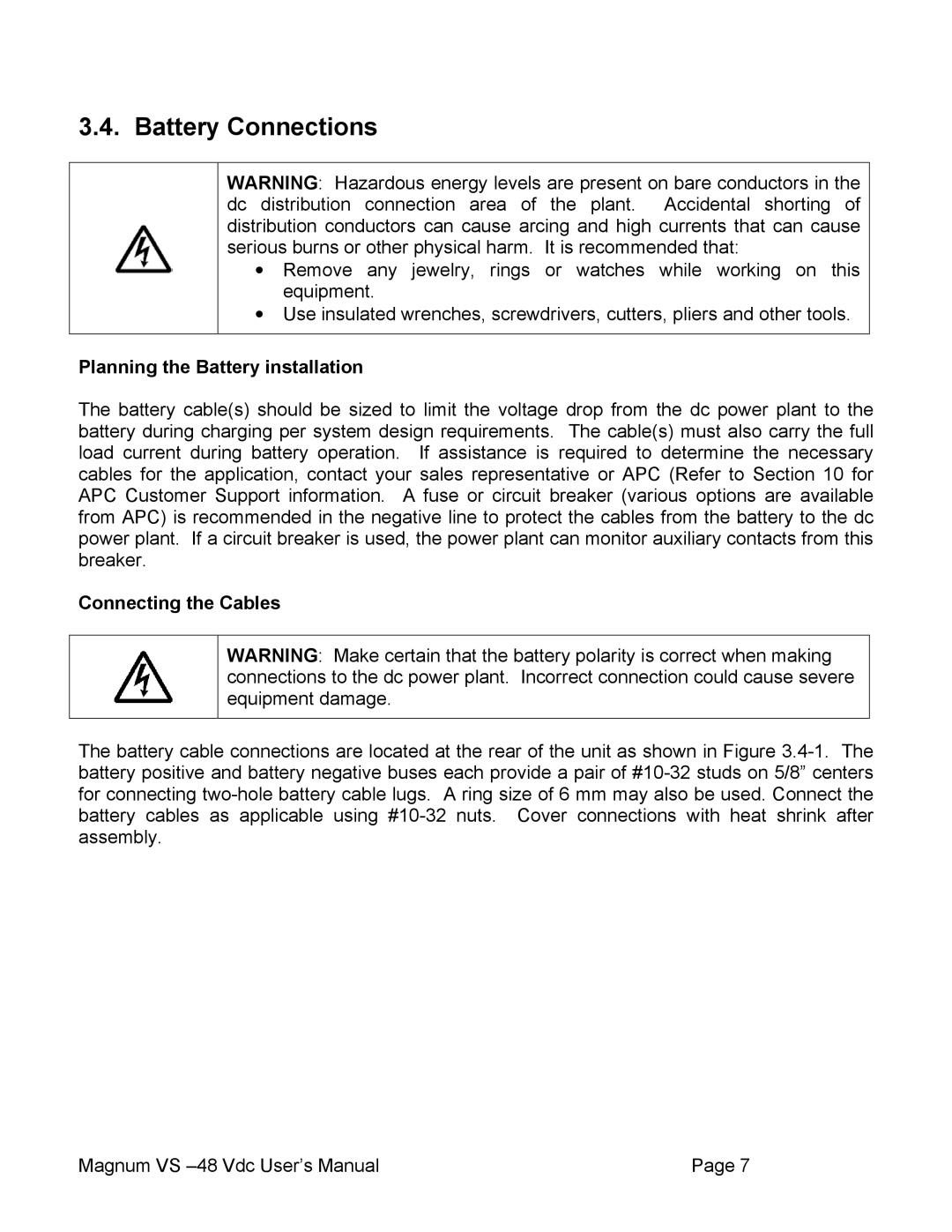 APC VS 100, VS 50 user manual Battery Connections, Planning the Battery installation, Connecting the Cables 