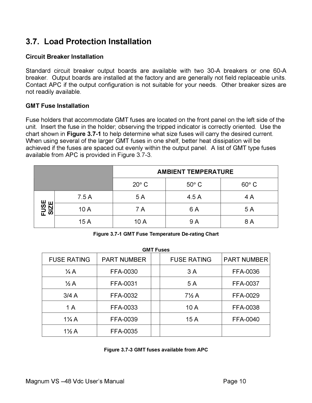 APC VS 50, VS 100 user manual Load Protection Installation, Circuit Breaker Installation, GMT Fuse Installation 