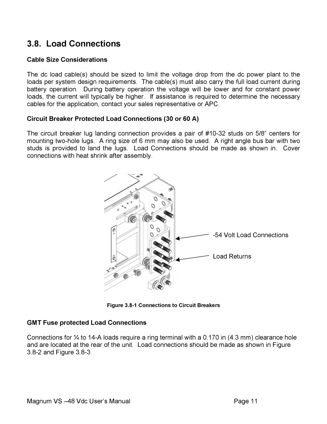 APC VS 100, VS 50 user manual Cable Size Considerations, Circuit Breaker Protected Load Connections 30 or 60 a 