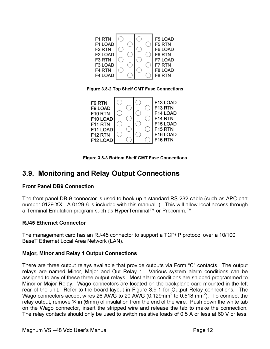 APC VS 50, VS 100 user manual Monitoring and Relay Output Connections, Front Panel DB9 Connection, RJ45 Ethernet Connector 