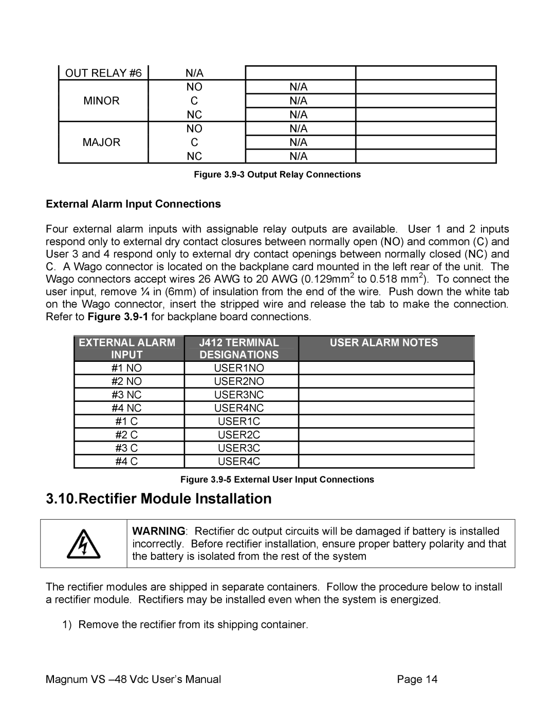 APC VS 50, VS 100 user manual Rectifier Module Installation, External Alarm Input Connections 