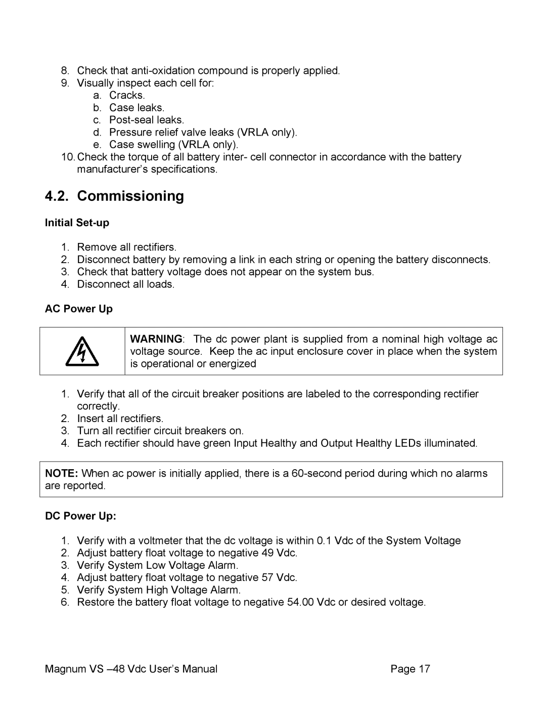 APC VS 100, VS 50 user manual Commissioning, Initial Set-up, AC Power Up, DC Power Up 