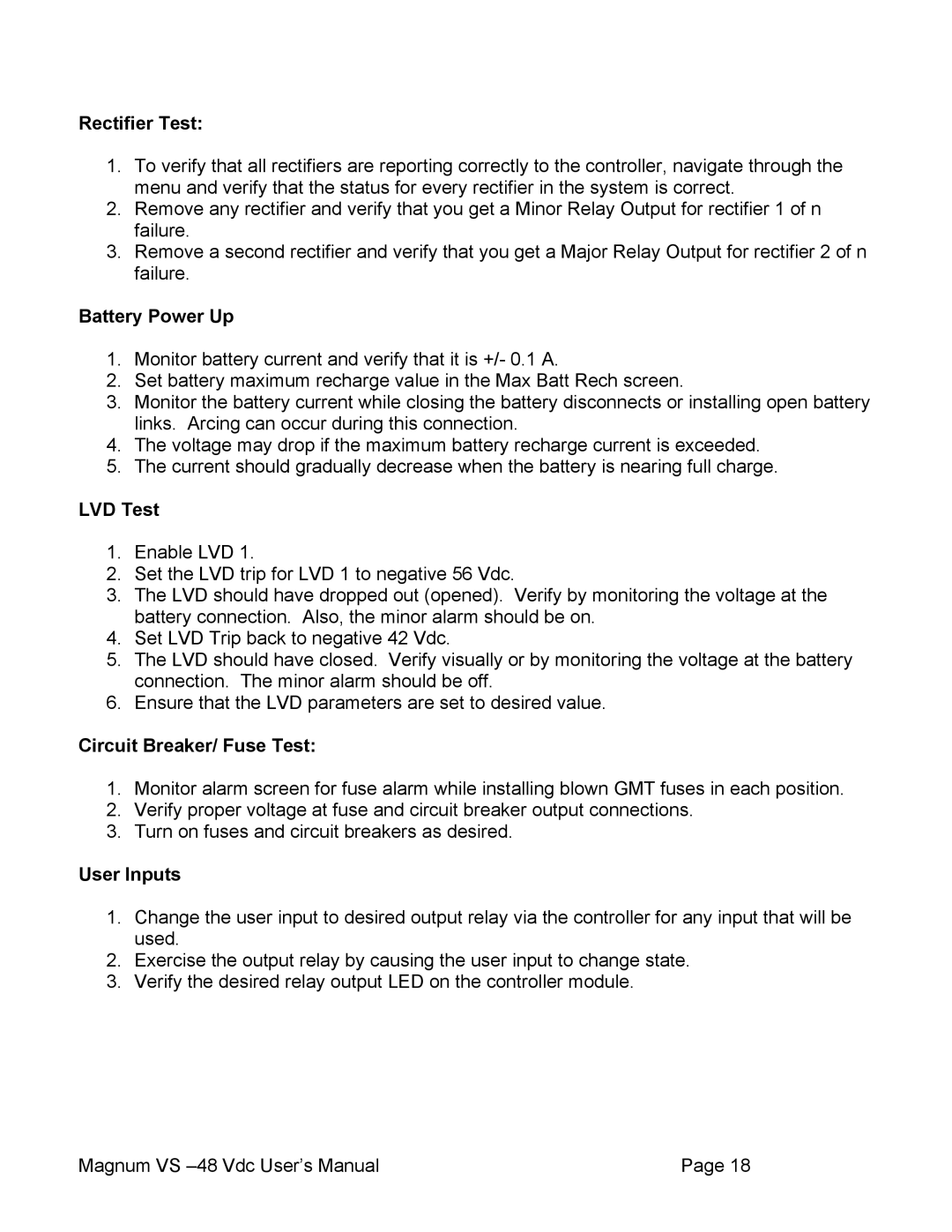 APC VS 50, VS 100 user manual Rectifier Test, Battery Power Up, LVD Test, Circuit Breaker/ Fuse Test, User Inputs 