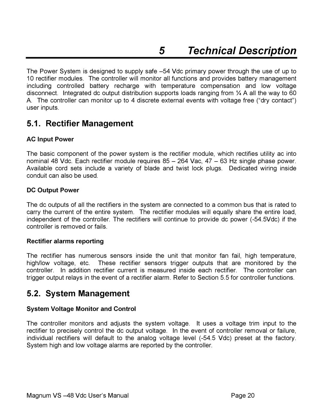 APC VS 50, VS 100 user manual Technical Description, Rectifier Management, System Management 