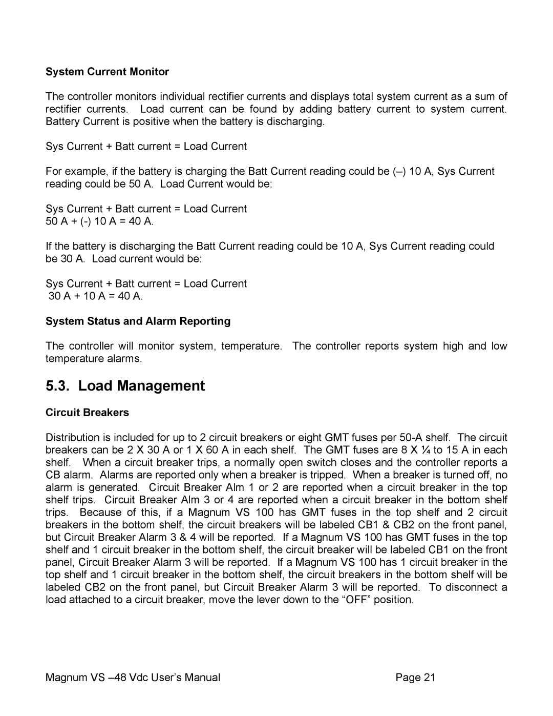 APC VS 100, VS 50 user manual Load Management, System Current Monitor, System Status and Alarm Reporting, Circuit Breakers 