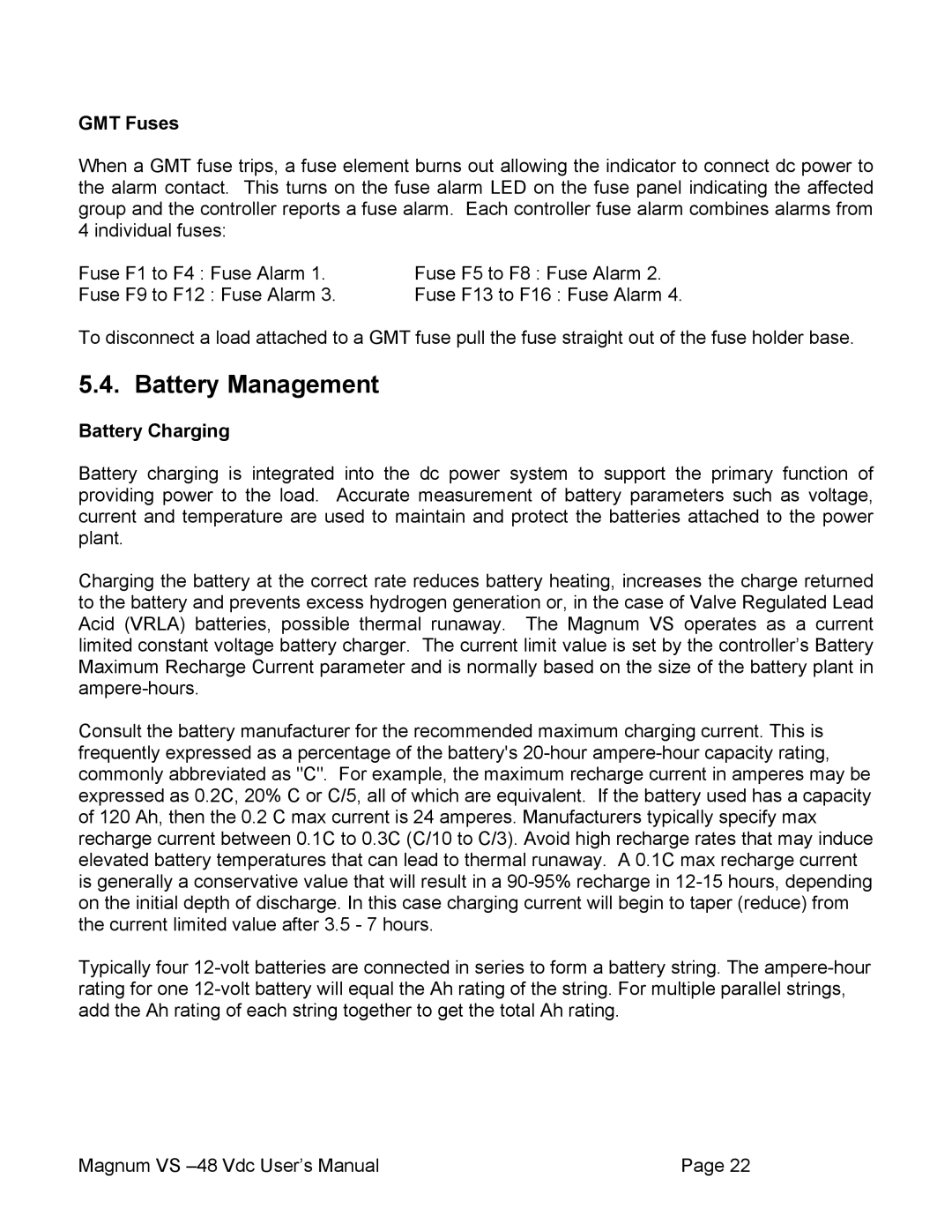 APC VS 50, VS 100 user manual Battery Management, GMT Fuses, Battery Charging 