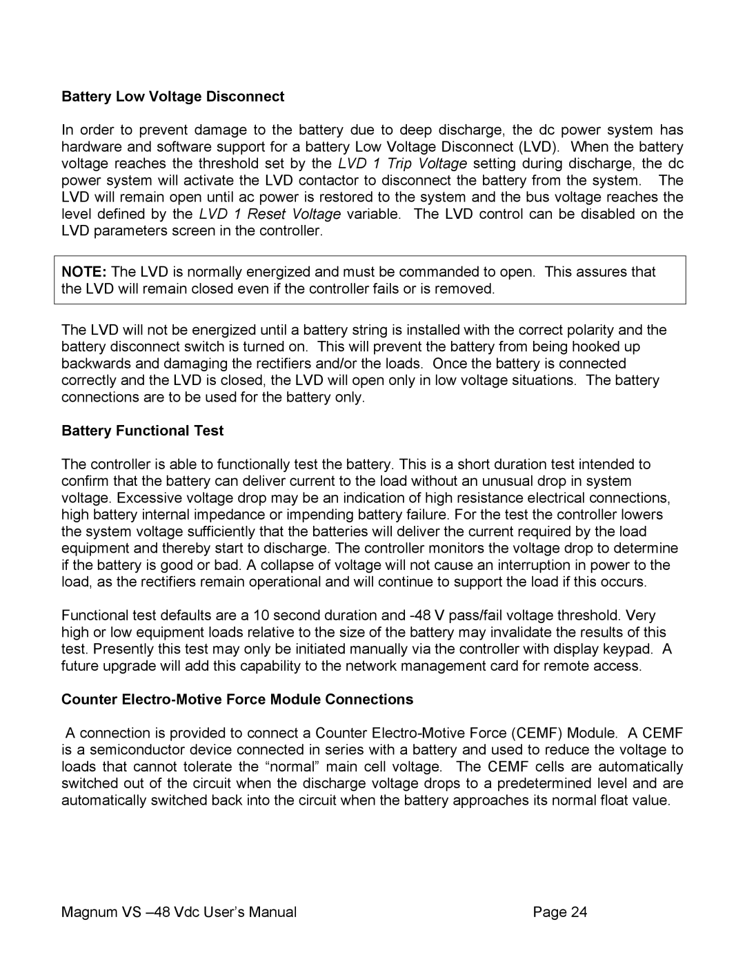 APC VS 50, VS 100 Battery Low Voltage Disconnect, Battery Functional Test, Counter Electro-Motive Force Module Connections 
