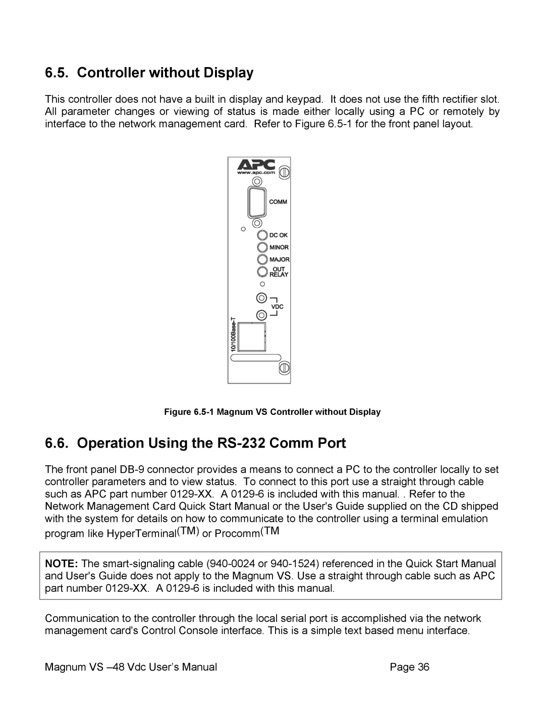 APC VS 50, VS 100 user manual Controller without Display, Operation Using the RS-232 Comm Port 