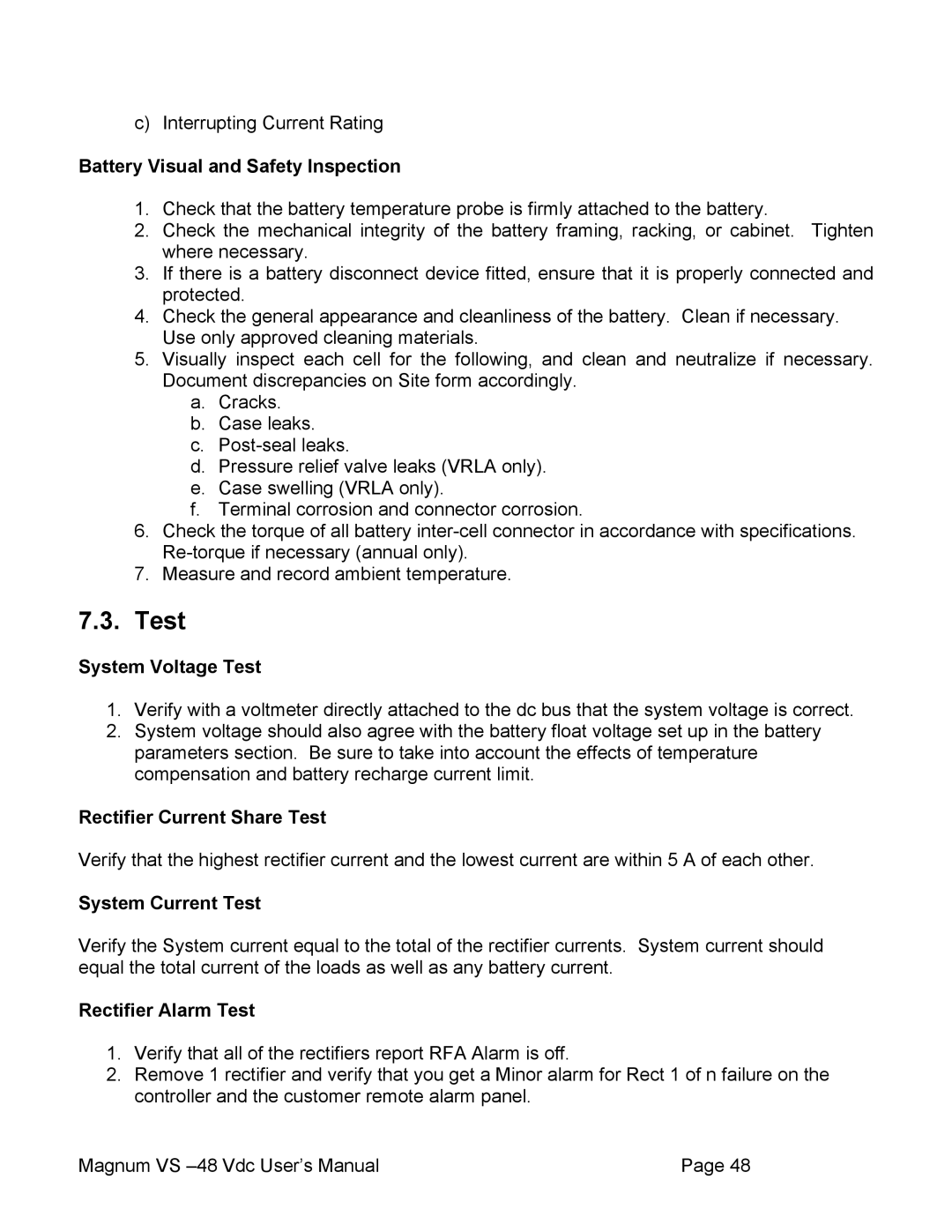 APC VS 50, VS 100 System Voltage Test, Rectifier Current Share Test, System Current Test, Rectifier Alarm Test 