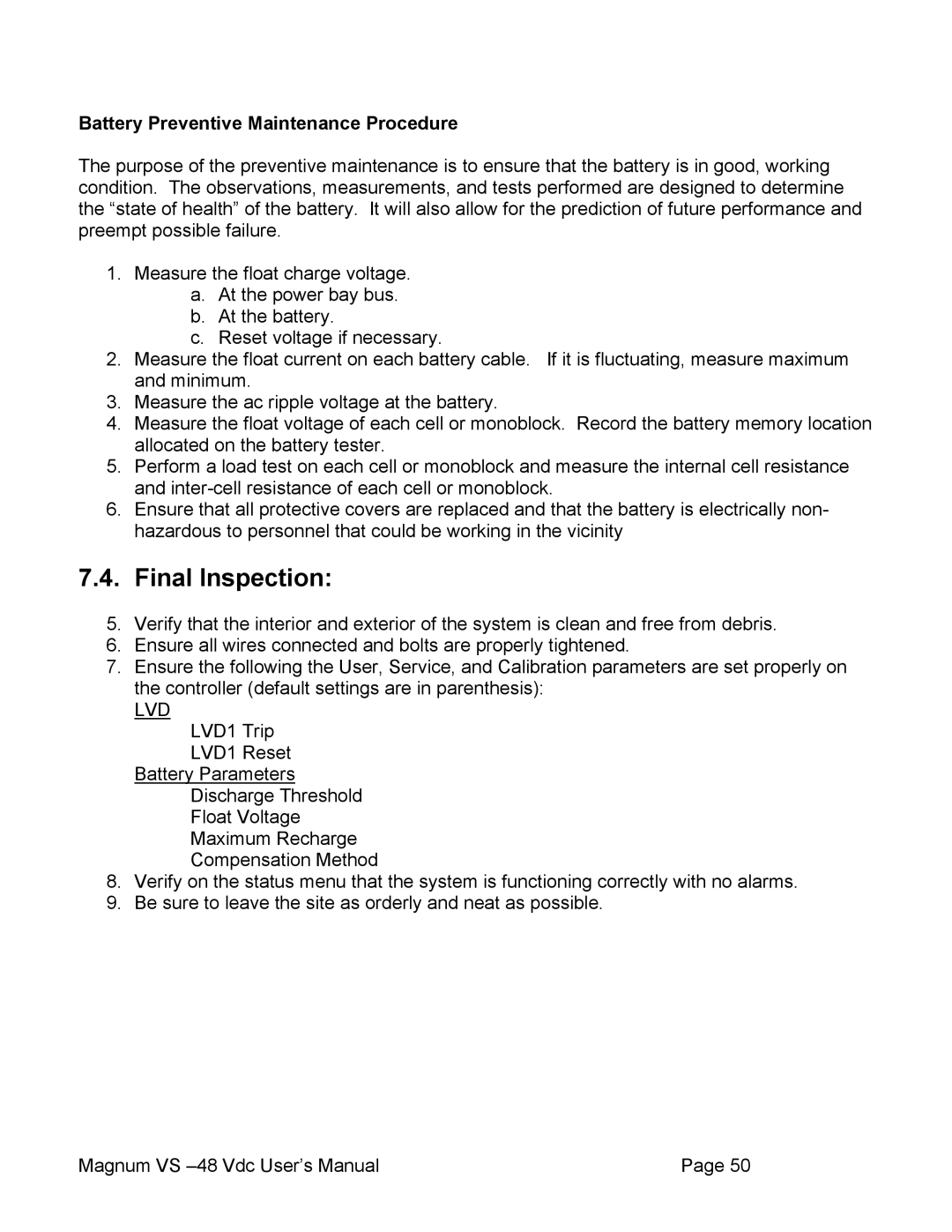 APC VS 50, VS 100 user manual Final Inspection, Battery Preventive Maintenance Procedure 