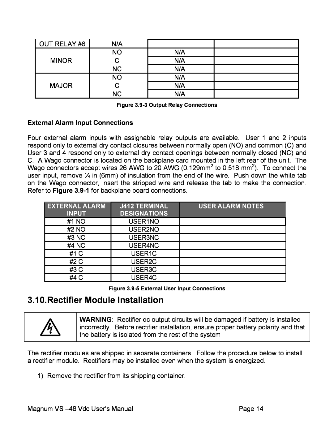 APC VS 50, VS 100 user manual Rectifier Module Installation, External Alarm Input Connections 
