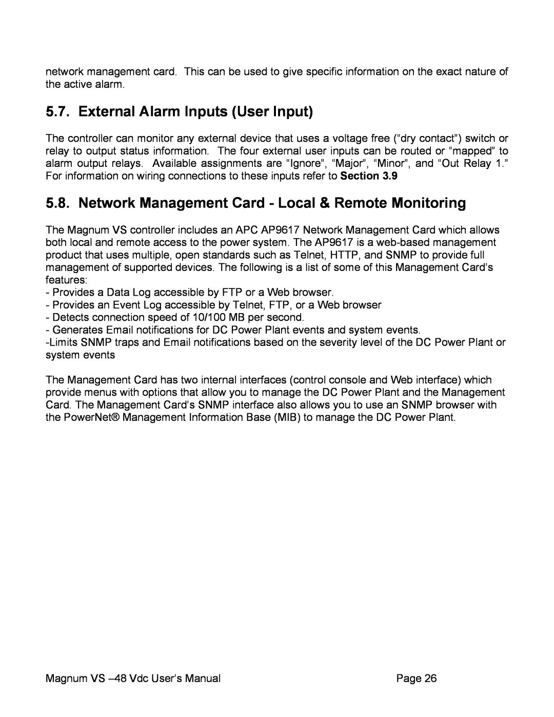 APC VS 50, VS 100 user manual External Alarm Inputs User Input, Network Management Card - Local & Remote Monitoring 