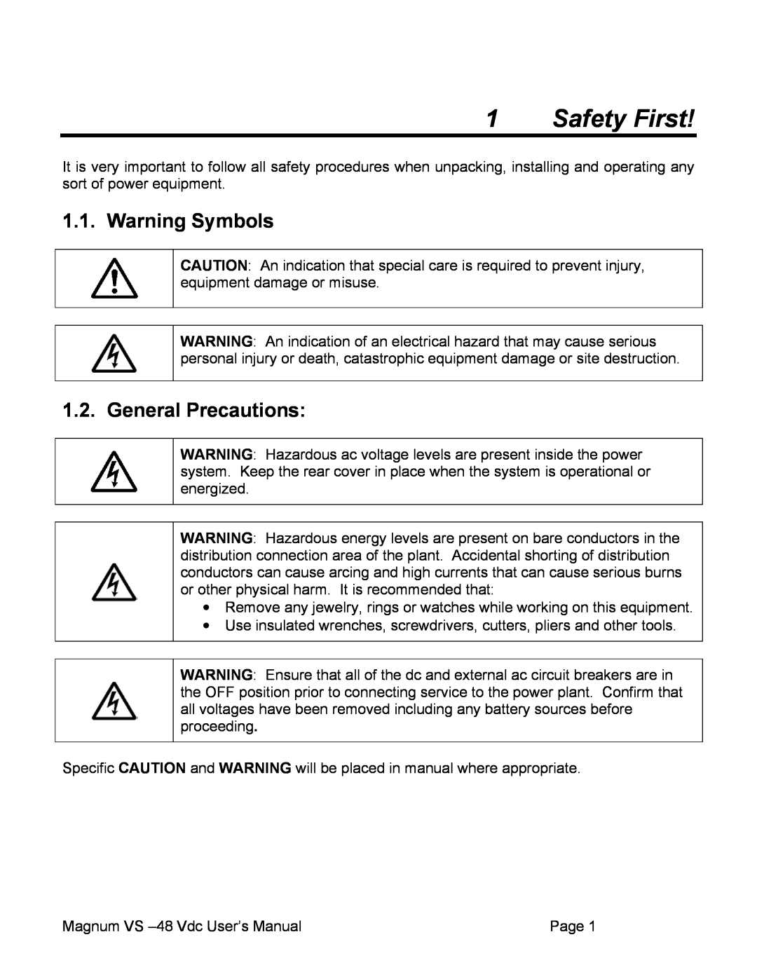 APC VS 100, VS 50 user manual Safety First, Warning Symbols, General Precautions 
