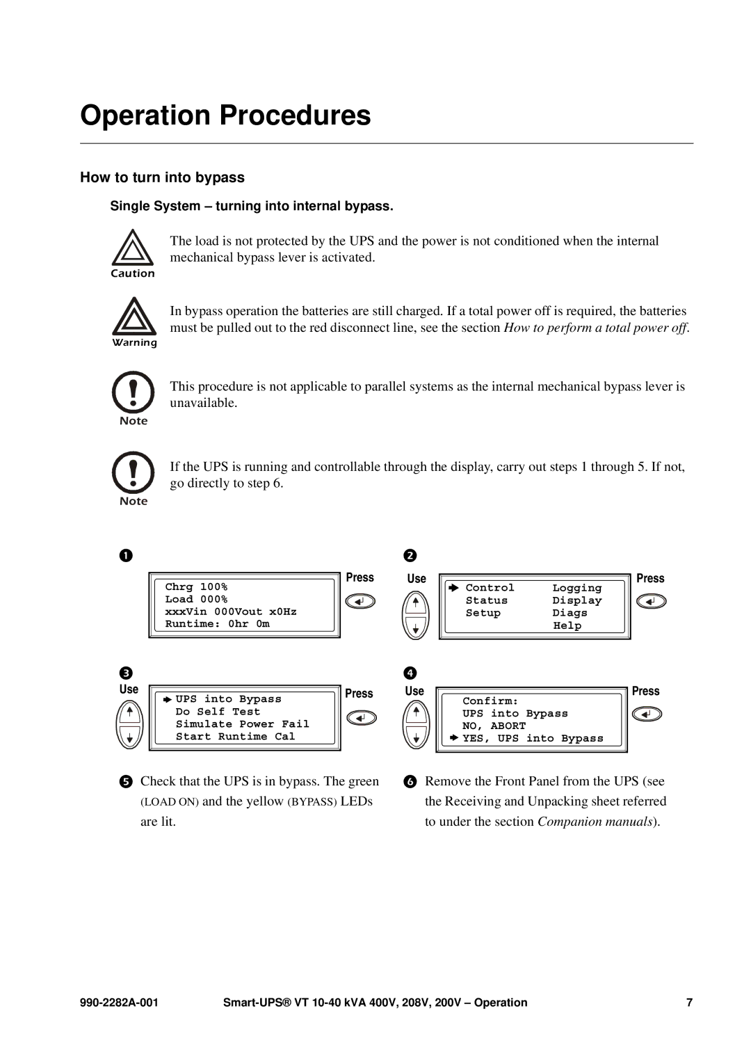 APC VT manual Operation Procedures, How to turn into bypass 