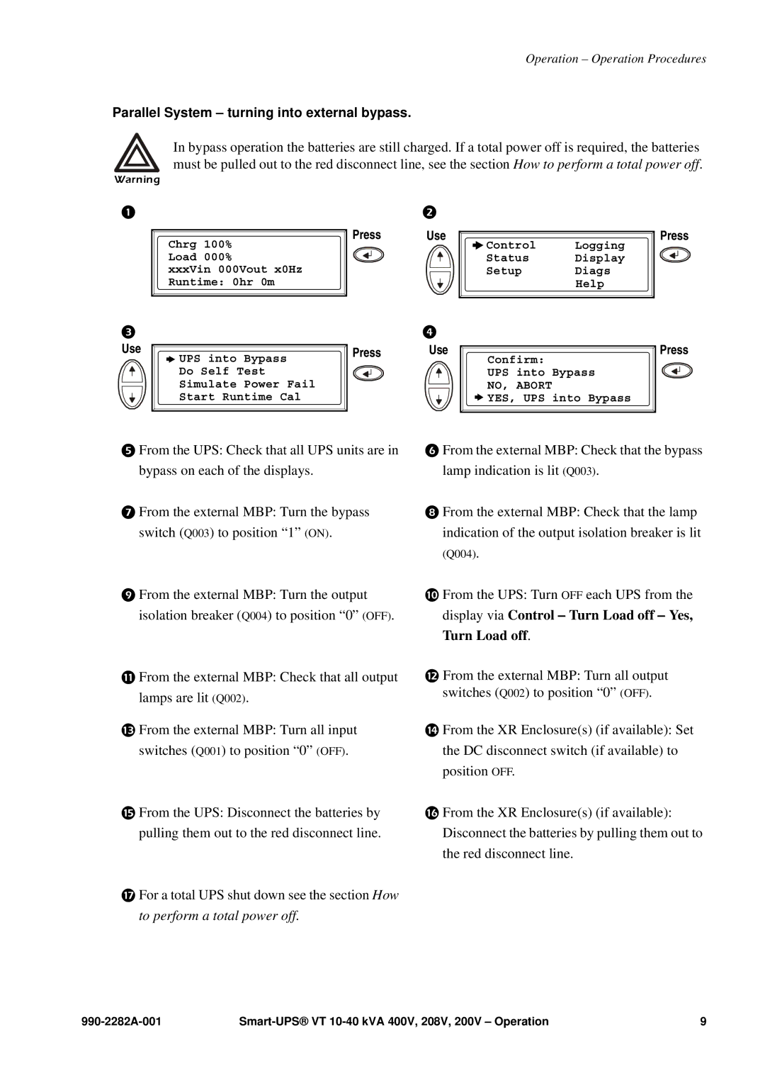 APC VT manual Parallel System turning into external bypass 