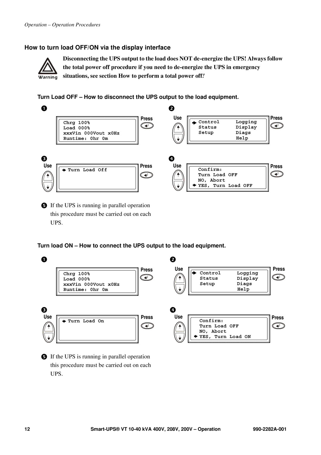 APC VT manual How to turn load OFF/ON via the display interface 