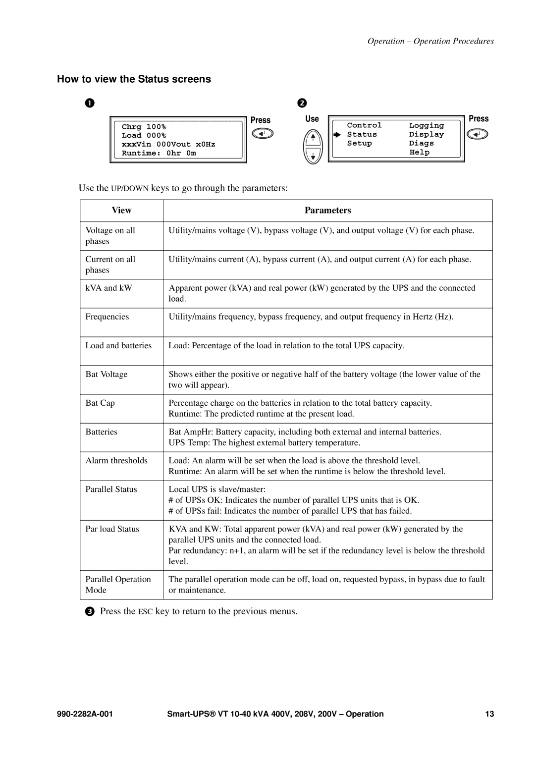 APC VT manual How to view the Status screens, Use the UP/DOWN keys to go through the parameters 