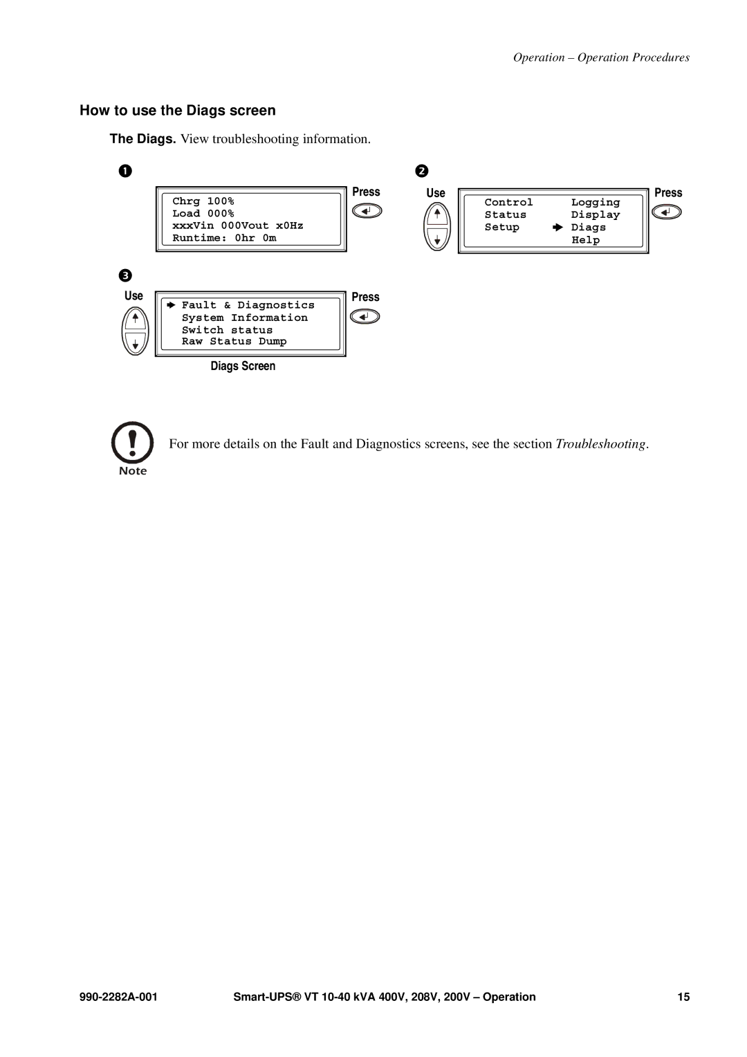 APC VT manual How to use the Diags screen, Diags. View troubleshooting information 