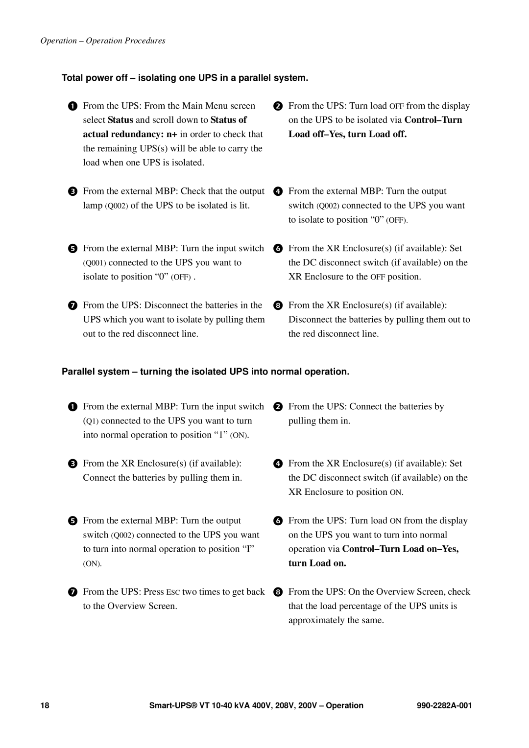 APC VT manual Total power off isolating one UPS in a parallel system 