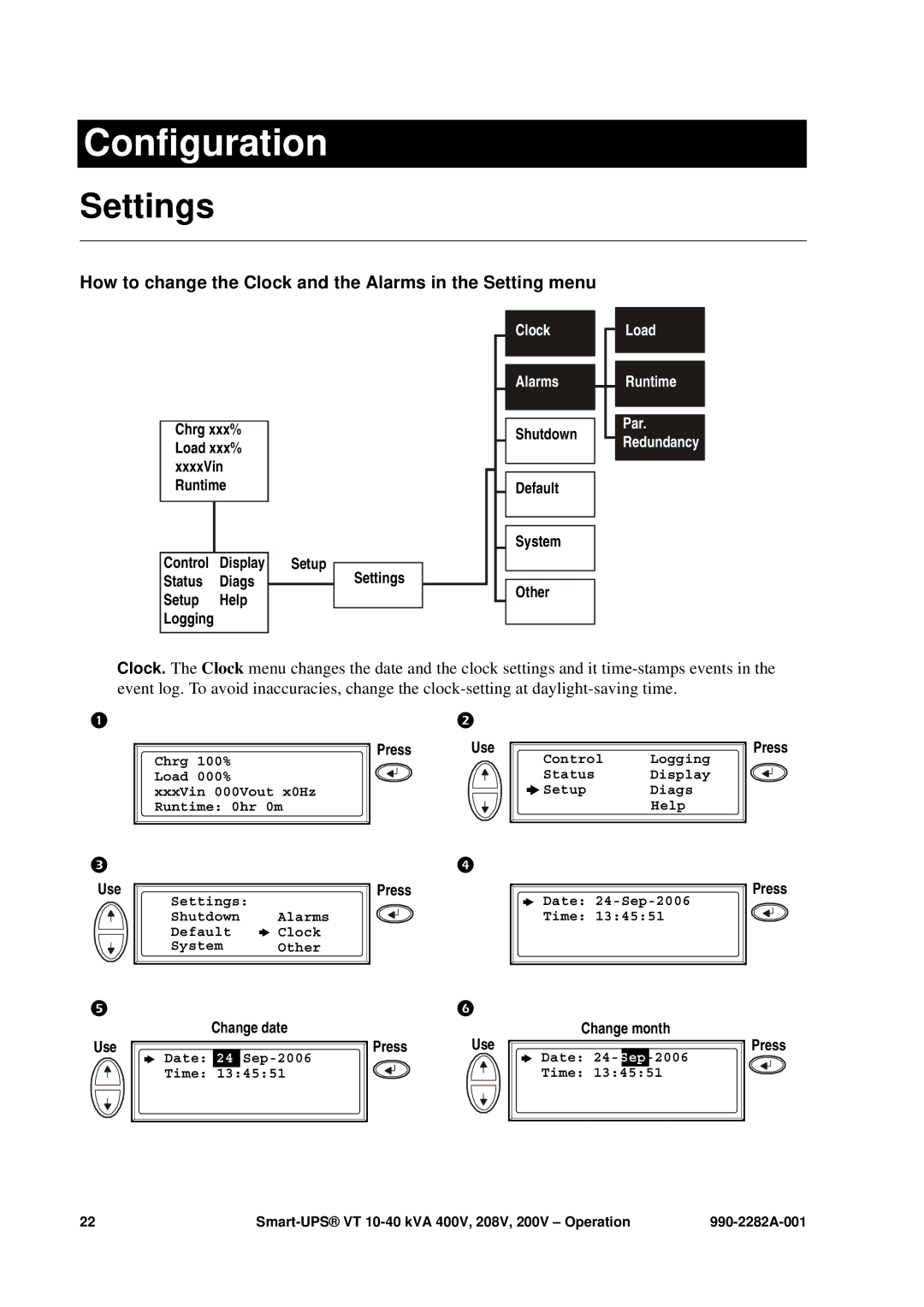 APC VT manual Configuration, Settings, How to change the Clock and the Alarms in the Setting menu 