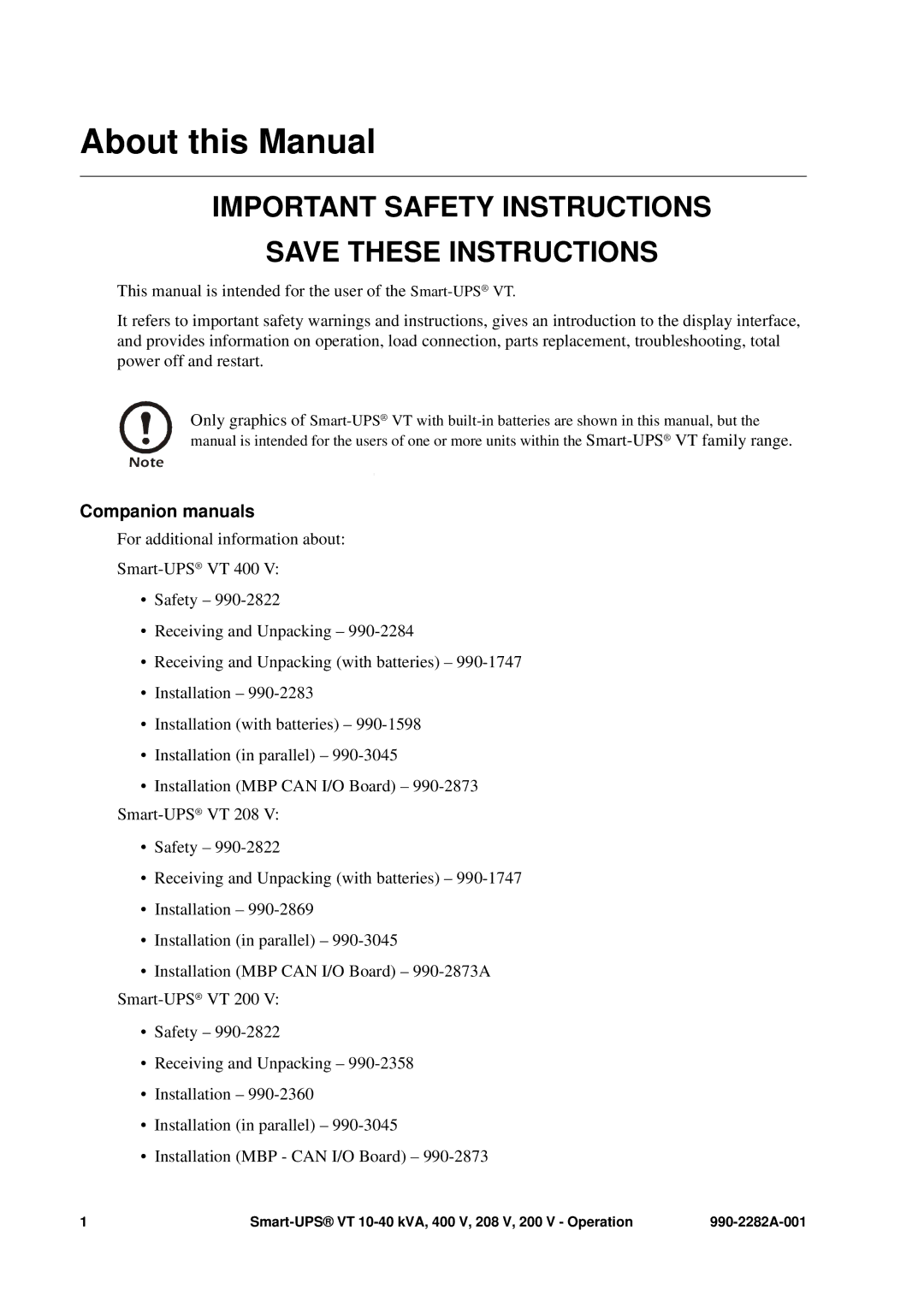 APC VT About this Manual, Companion manuals 