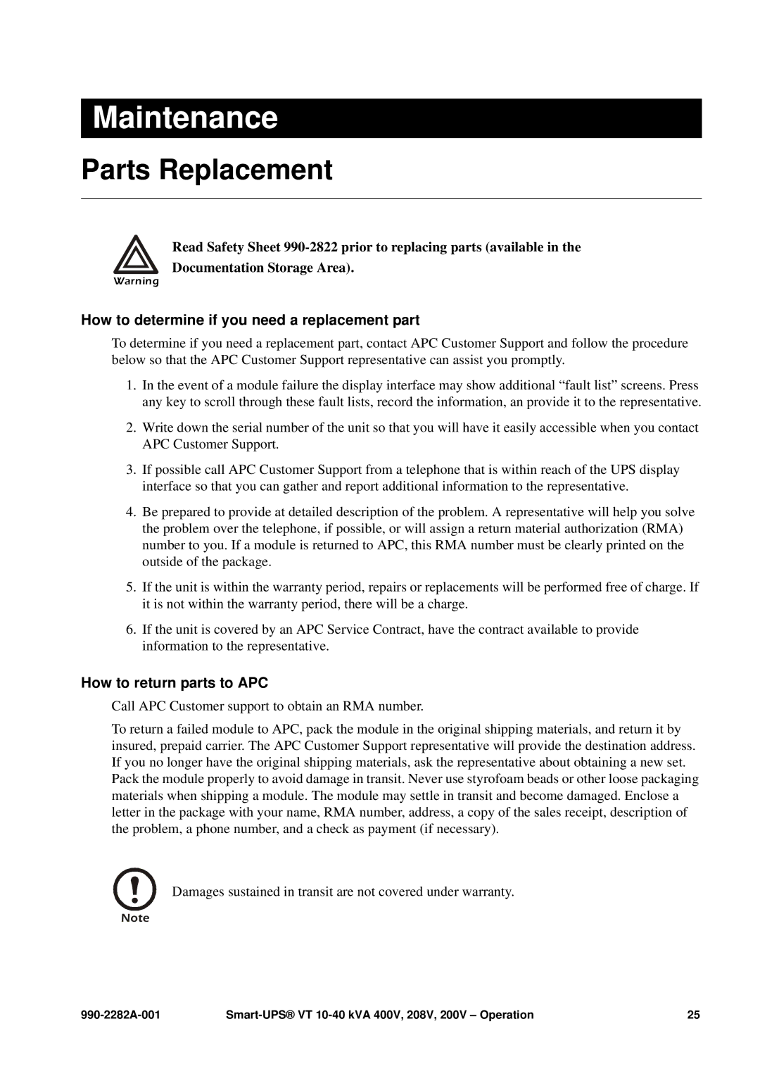 APC VT manual Maintenance, Parts Replacement, How to determine if you need a replacement part, How to return parts to APC 