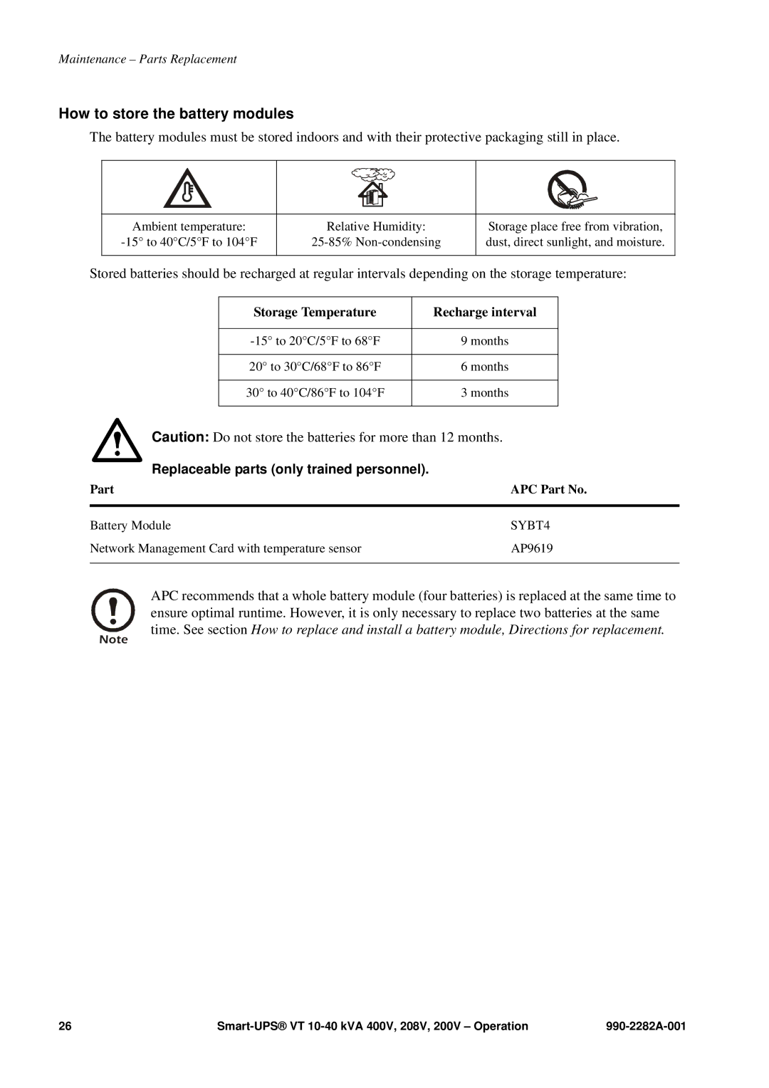 APC VT manual How to store the battery modules, Replaceable parts only trained personnel 