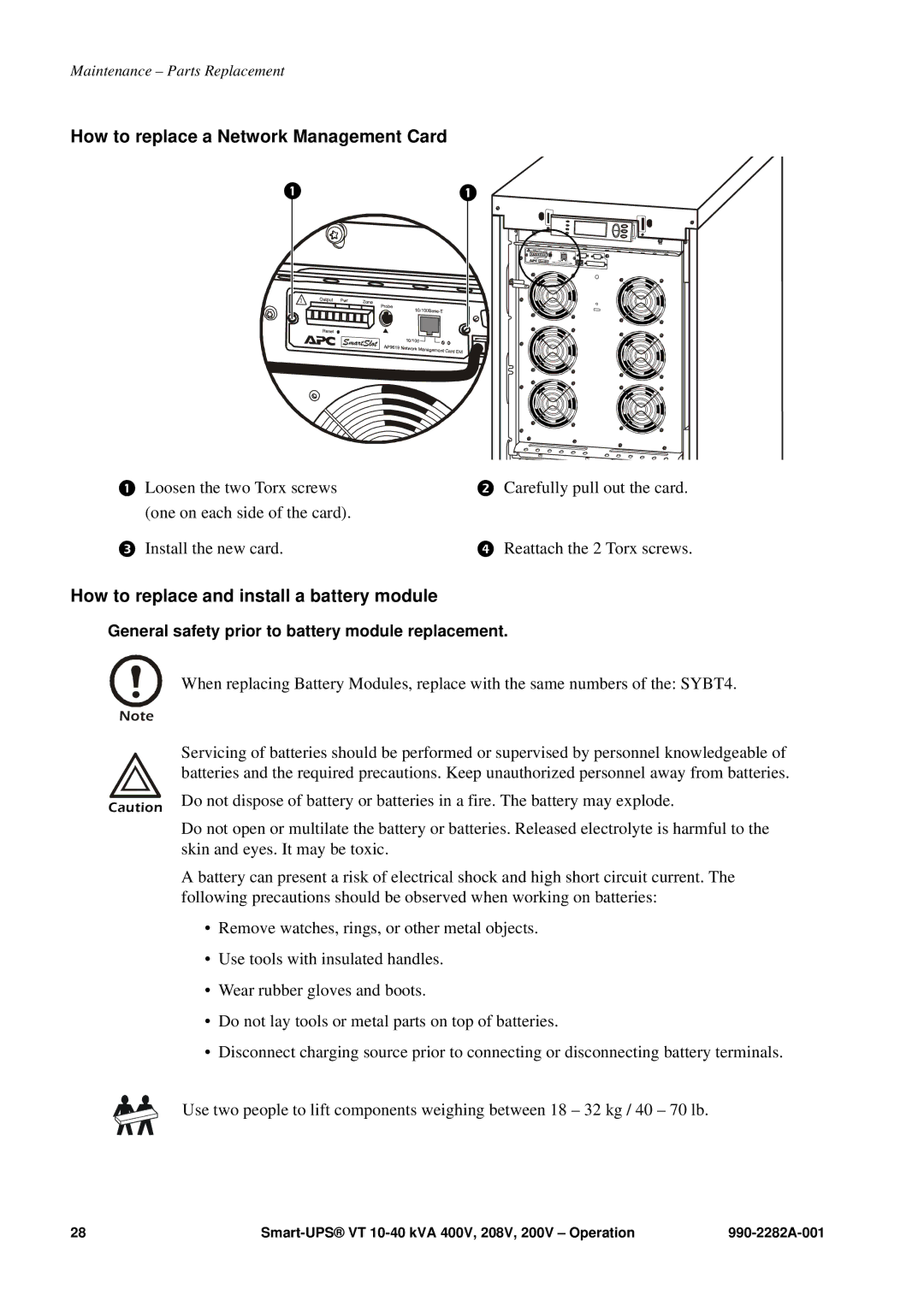 APC VT manual How to replace a Network Management Card, How to replace and install a battery module 