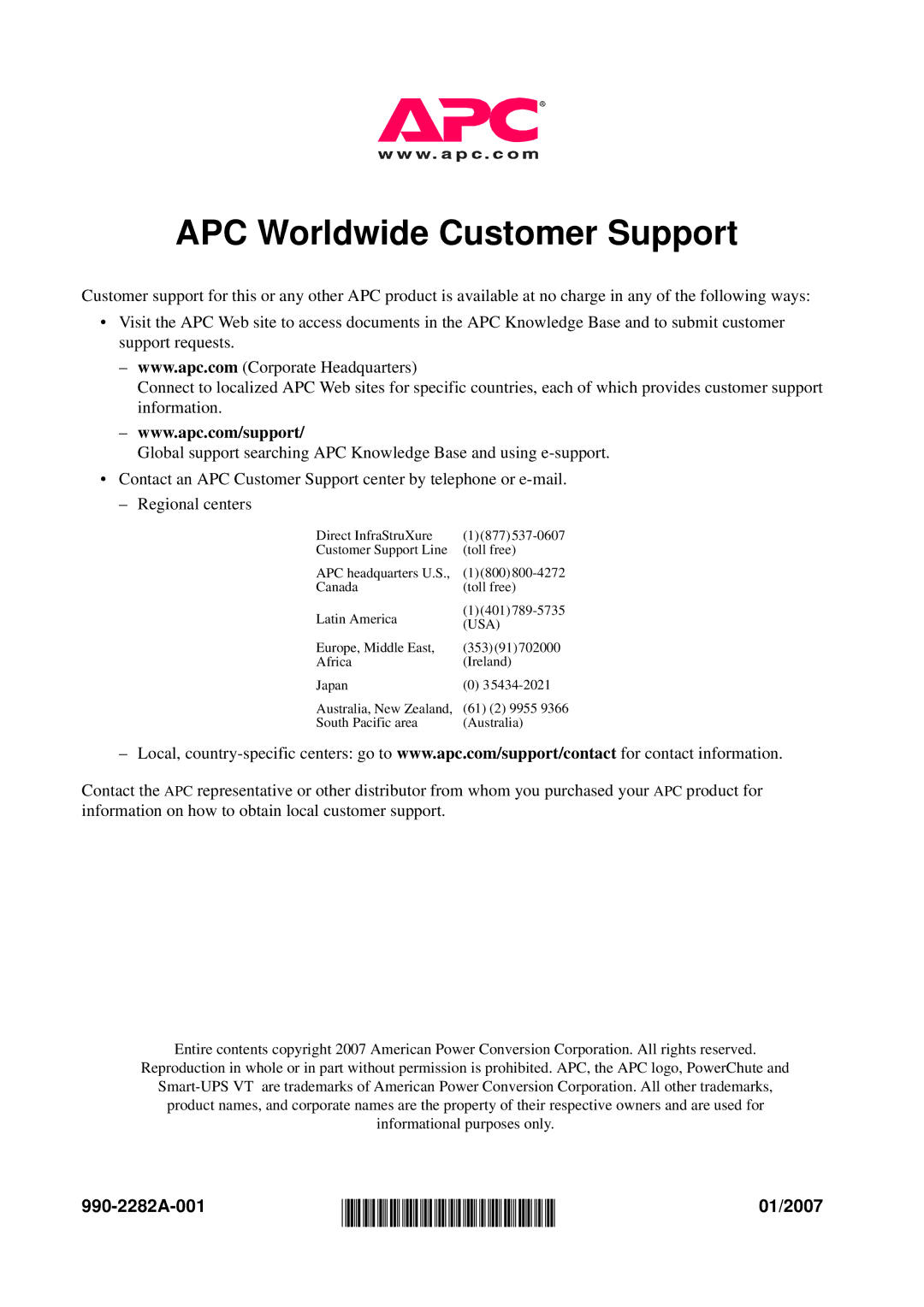 APC VT manual APC Worldwide Customer Support, 990-2282A-001, 01/2007 