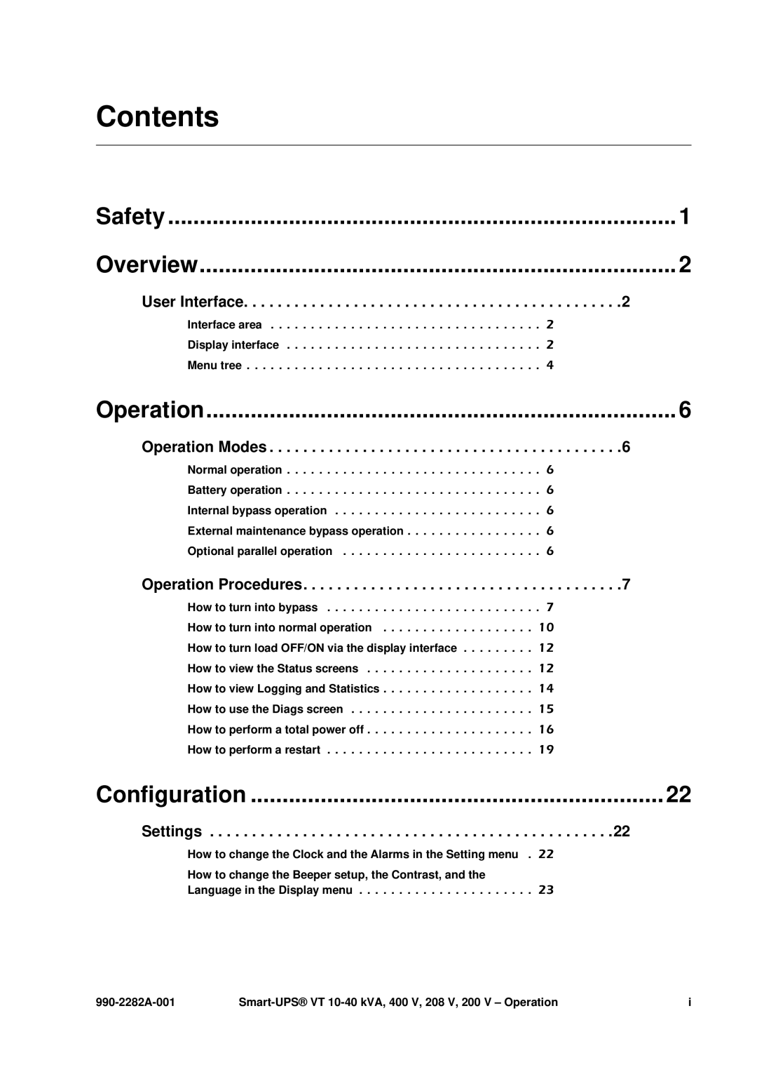 APC VT manual Contents 