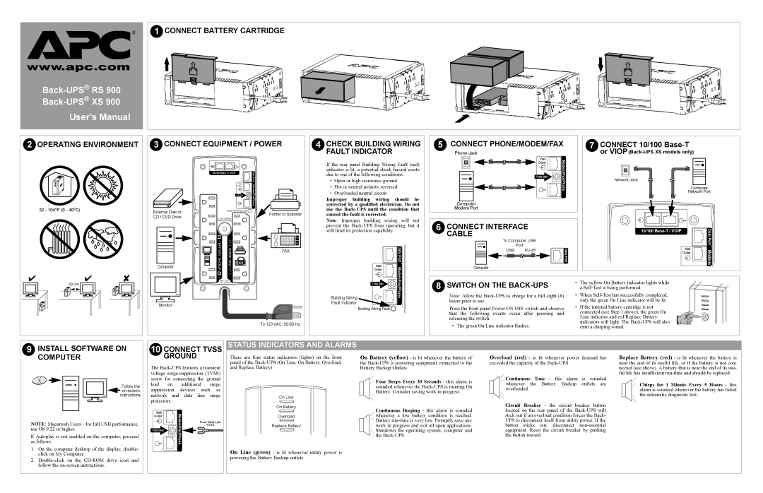 APC BR900GI, XS 900, RS 900 user manual Install Software on, Connect Tvss, Status Indicators and Alarms 