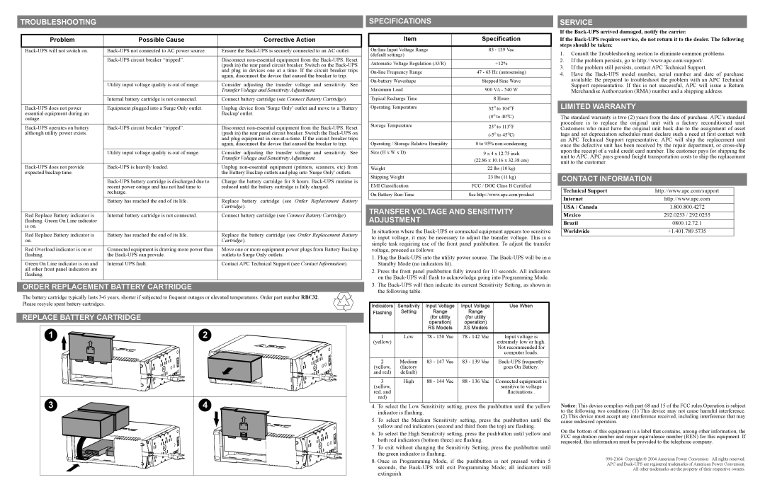 APC RS 900 Troubleshooting, Service, Order Replacement Battery Cartridge, Replace Battery Cartridge, Limited Warranty 