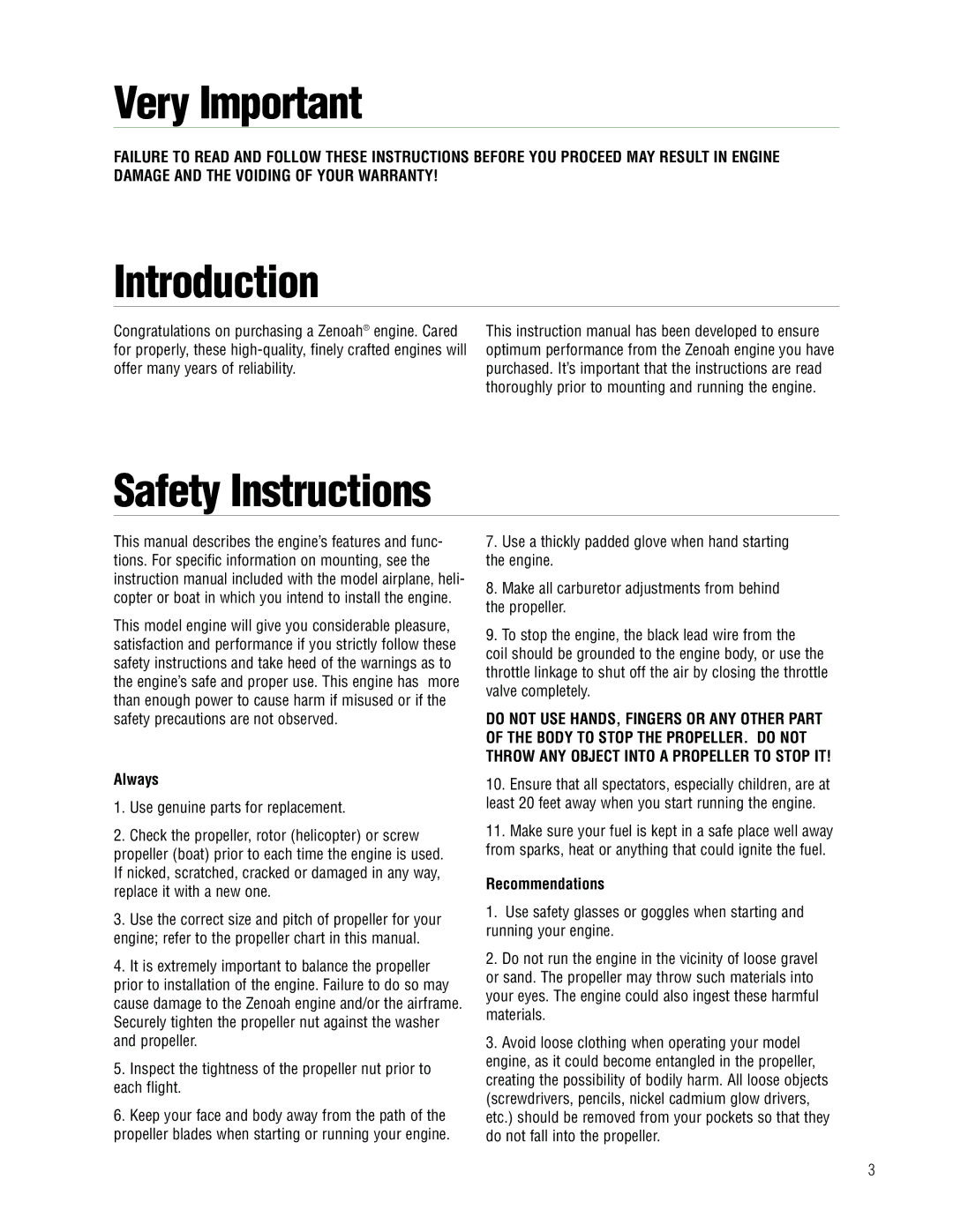 APC Zenoah instruction manual Very Important, Introduction, Safety Instructions, Always, Recommendations 