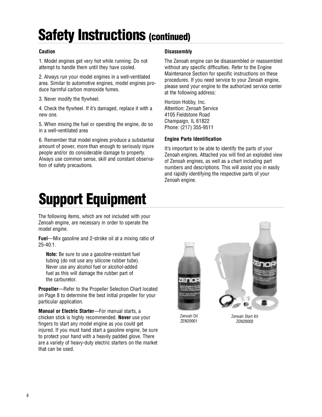 APC Zenoah instruction manual Support Equipment, Disassembly, Engine Parts Identification 