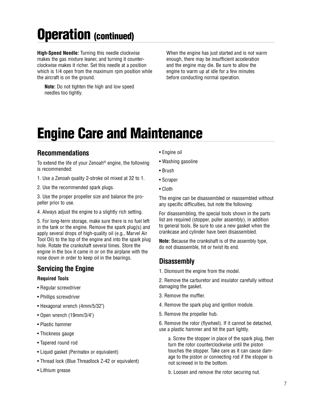 APC Zenoah Engine Care and Maintenance, Recommendations, Servicing the Engine, Disassembly, Required Tools 