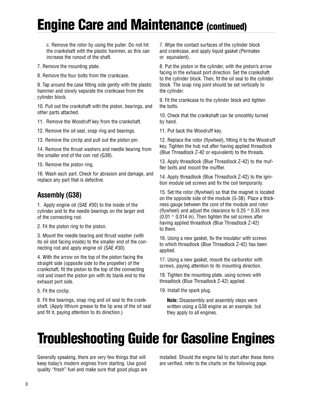 APC Zenoah instruction manual Troubleshooting Guide for Gasoline Engines, Assembly G38 