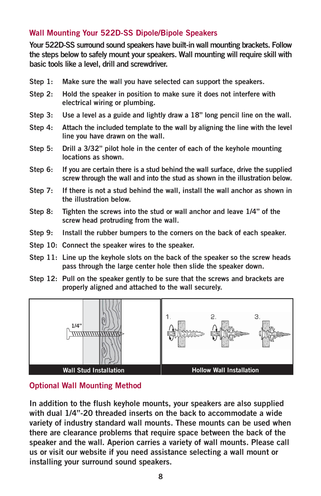 Aperion Audio Intimus Series owner manual Wall Mounting Your 522D-SS Dipole/Bipole Speakers, Optional Wall Mounting Method 