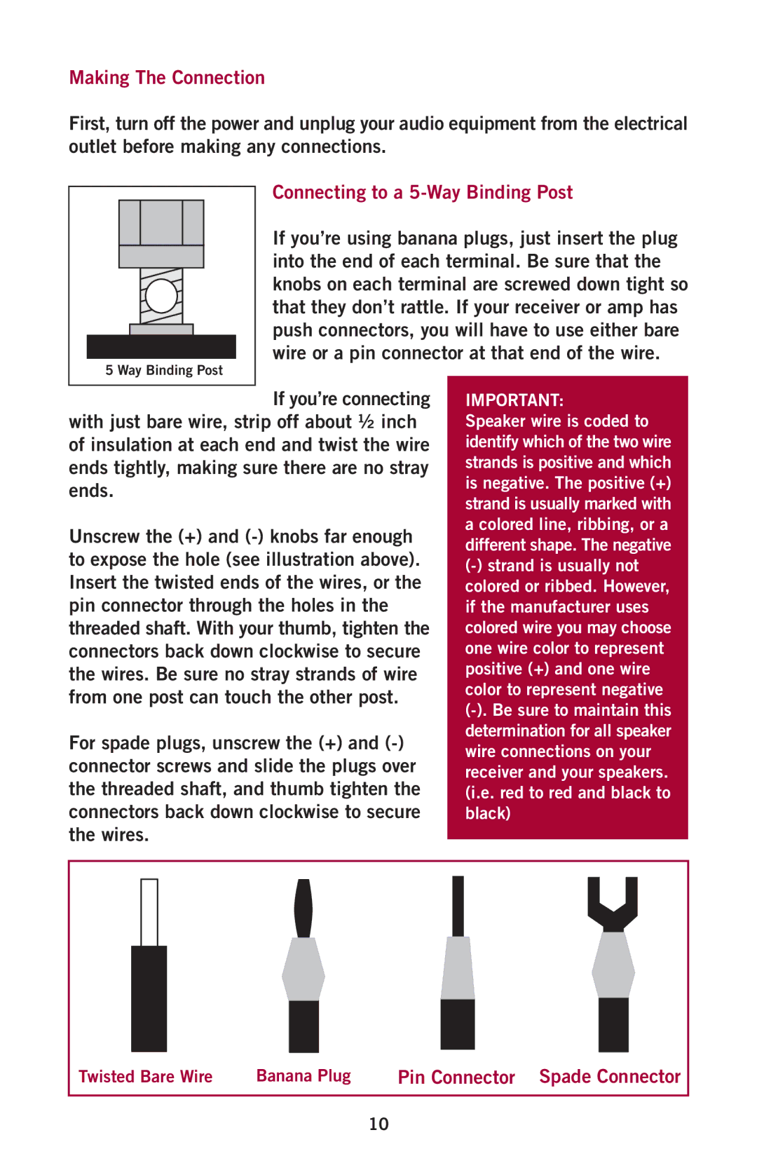 Aperion Audio Intimus Series Making The Connection, Connecting to a 5-Way Binding Post, Pin Connector Spade Connector 