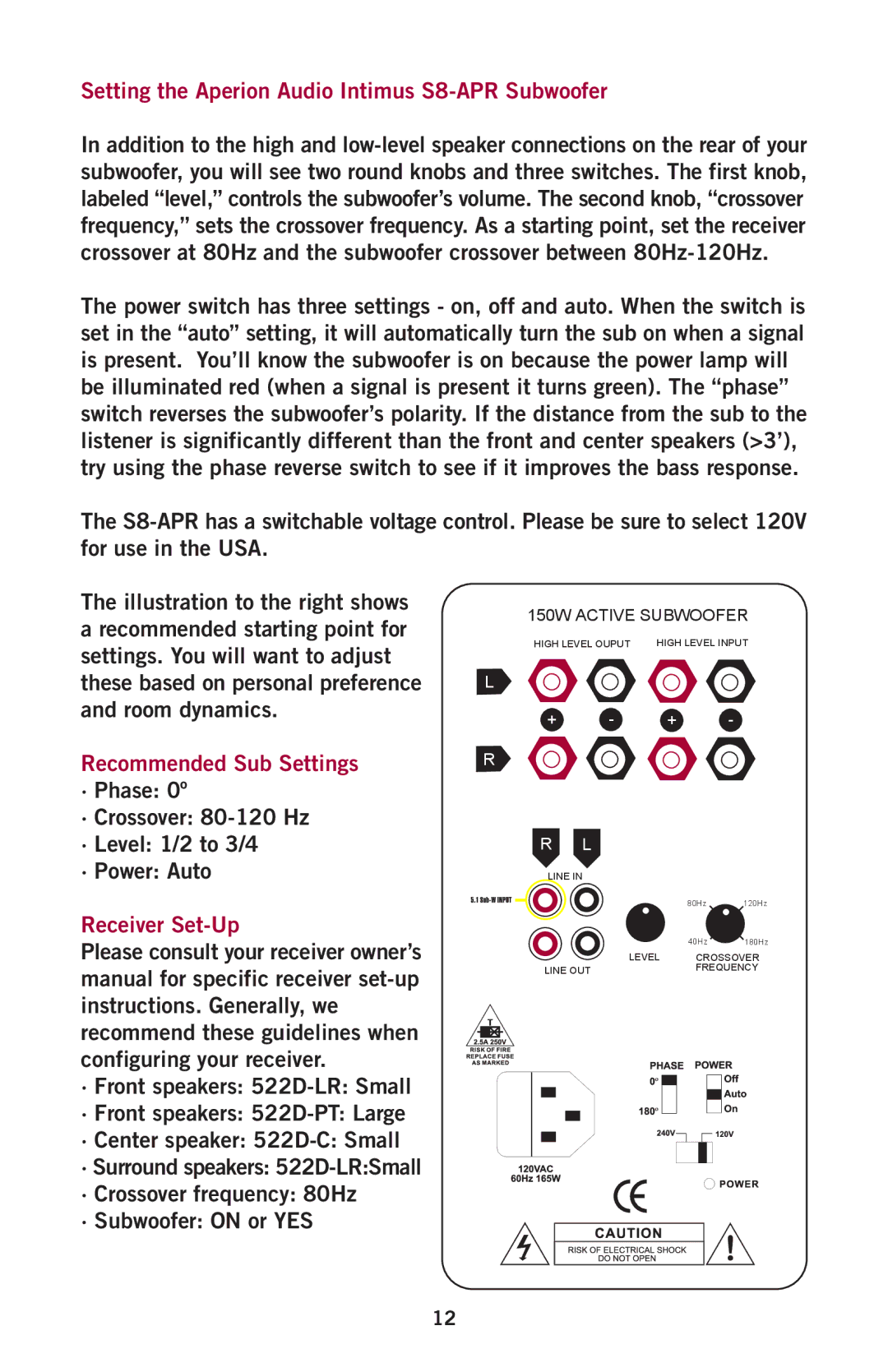 Aperion Audio Intimus Series Setting the Aperion Audio Intimus S8-APR Subwoofer, Recommended Sub Settings, Receiver Set-Up 