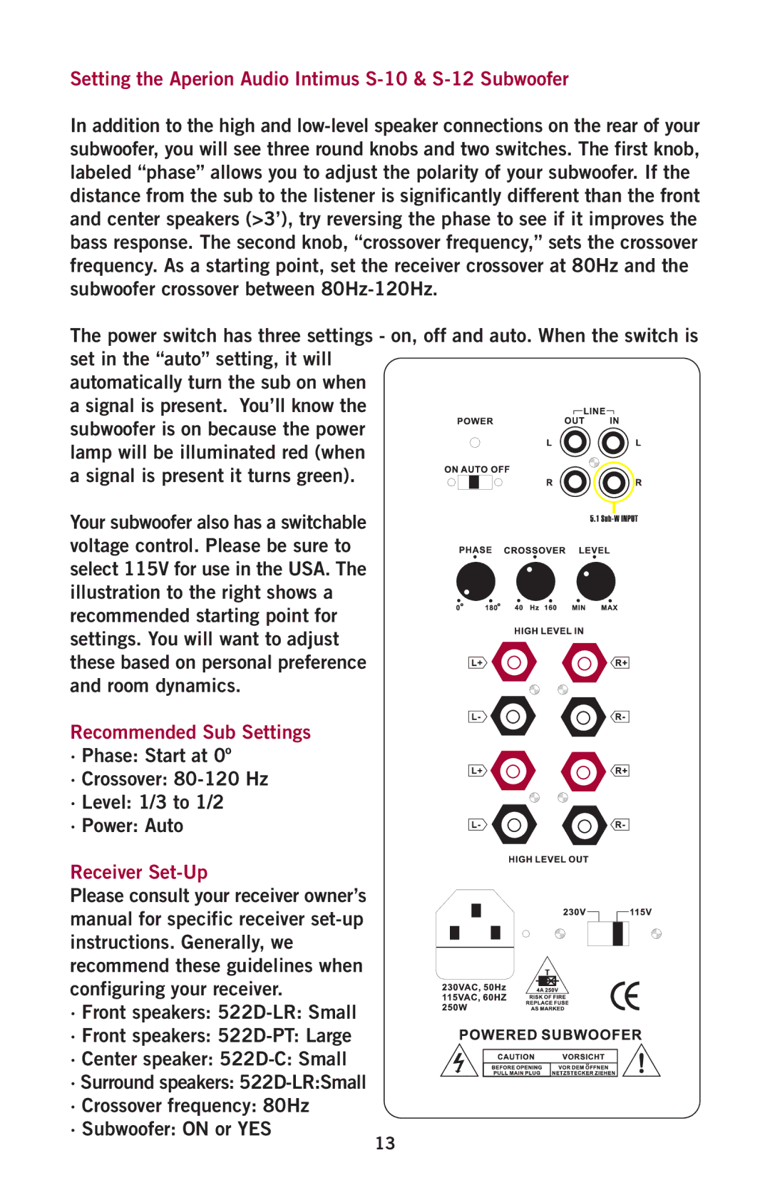 Aperion Audio Intimus Series owner manual Setting the Aperion Audio Intimus S-10 & S-12 Subwoofer 