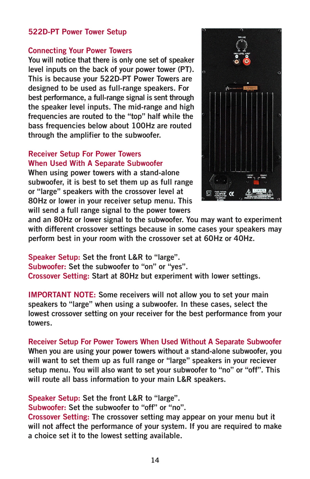 Aperion Audio Intimus Series owner manual 522D-PT Power Tower Setup Connecting Your Power Towers 