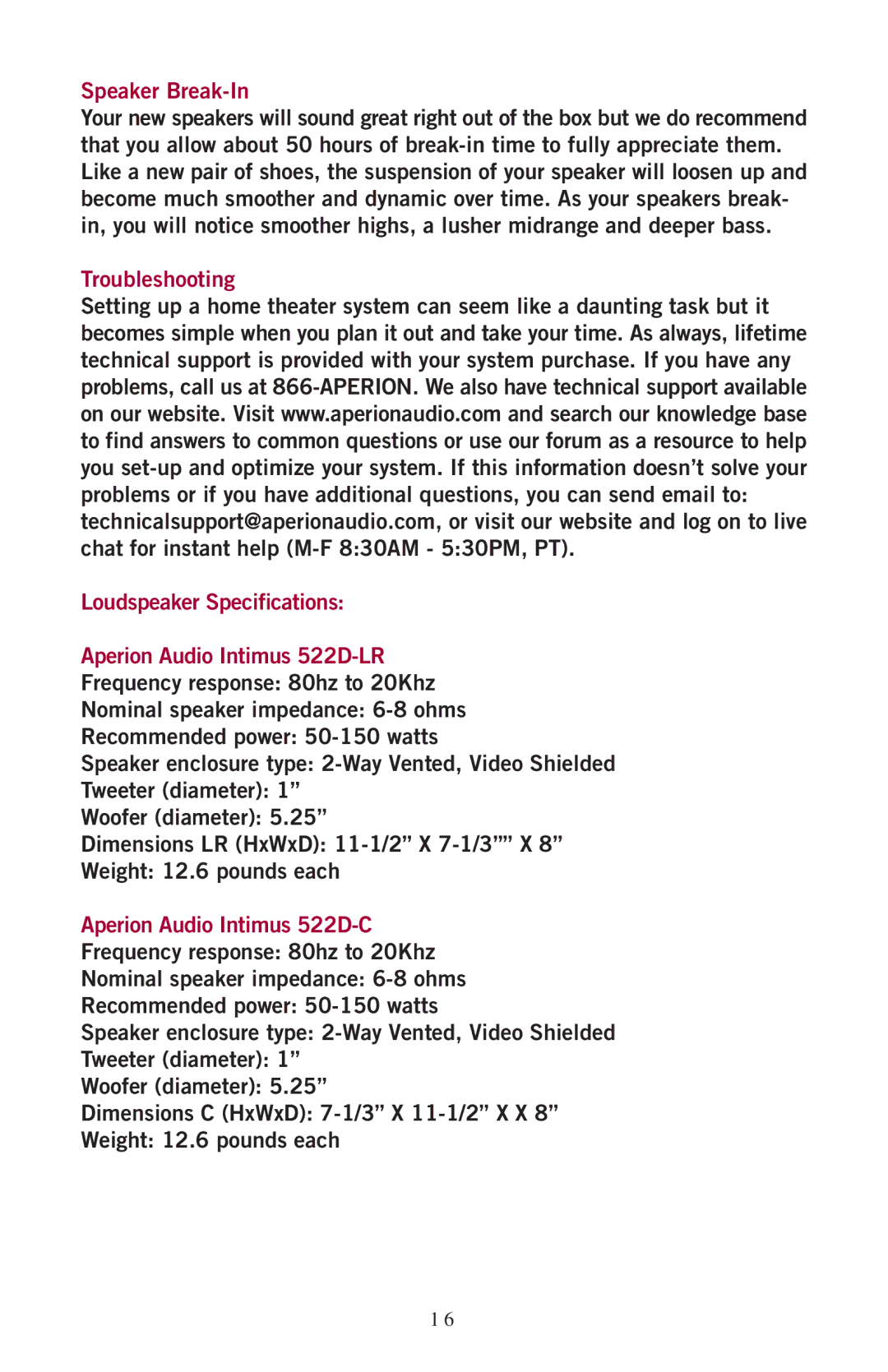 Aperion Audio Intimus Series owner manual Speaker Break-In, Aperion Audio Intimus 522D-C 