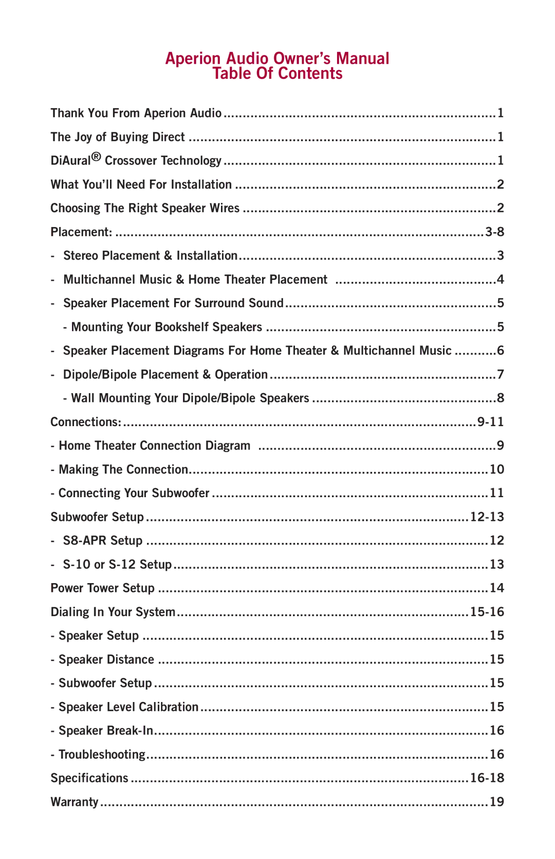 Aperion Audio Intimus Series owner manual Table Of Contents 