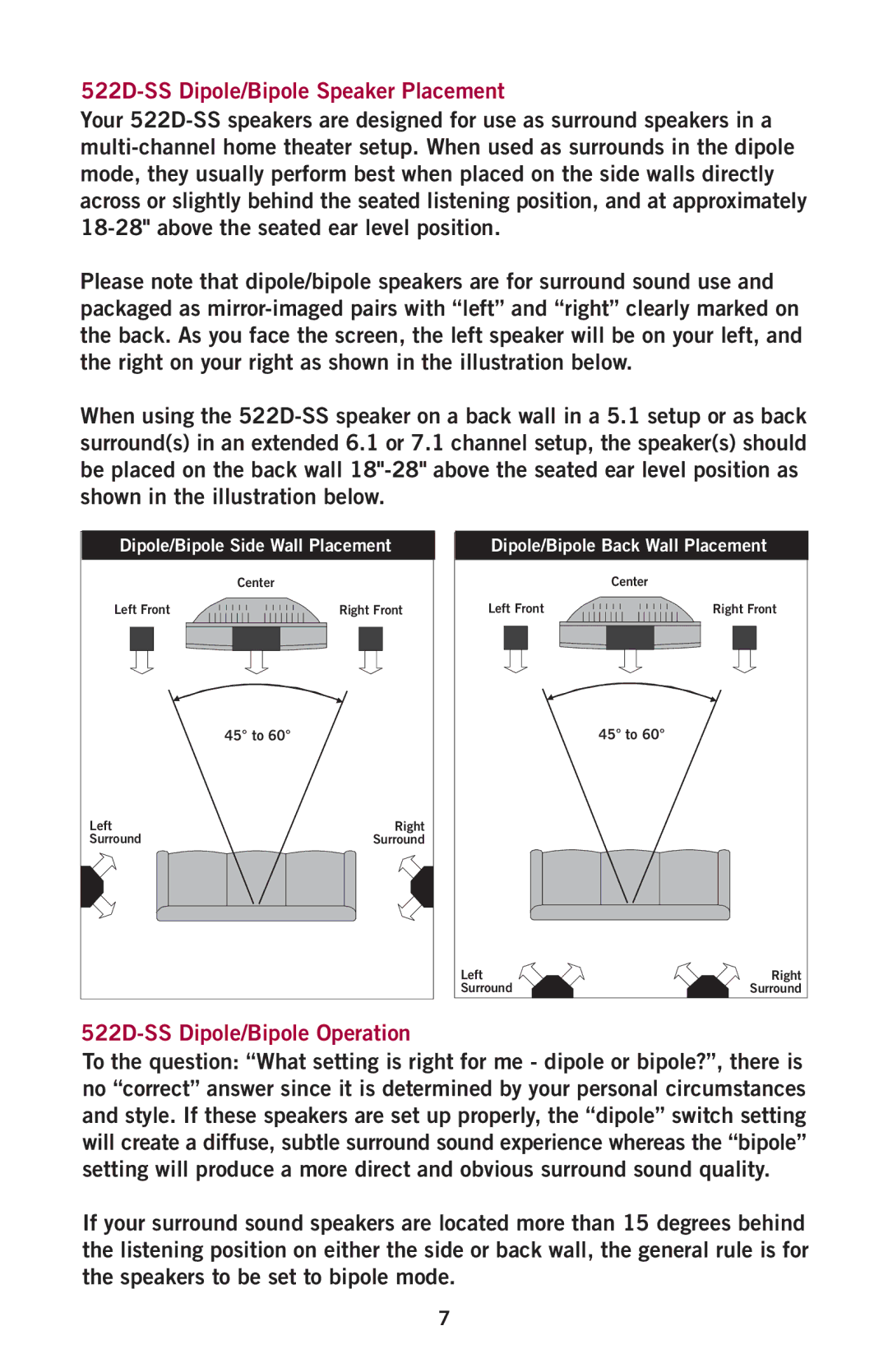 Aperion Audio Intimus Series owner manual 522D-SS Dipole/Bipole Speaker Placement, 522D-SS Dipole/Bipole Operation 