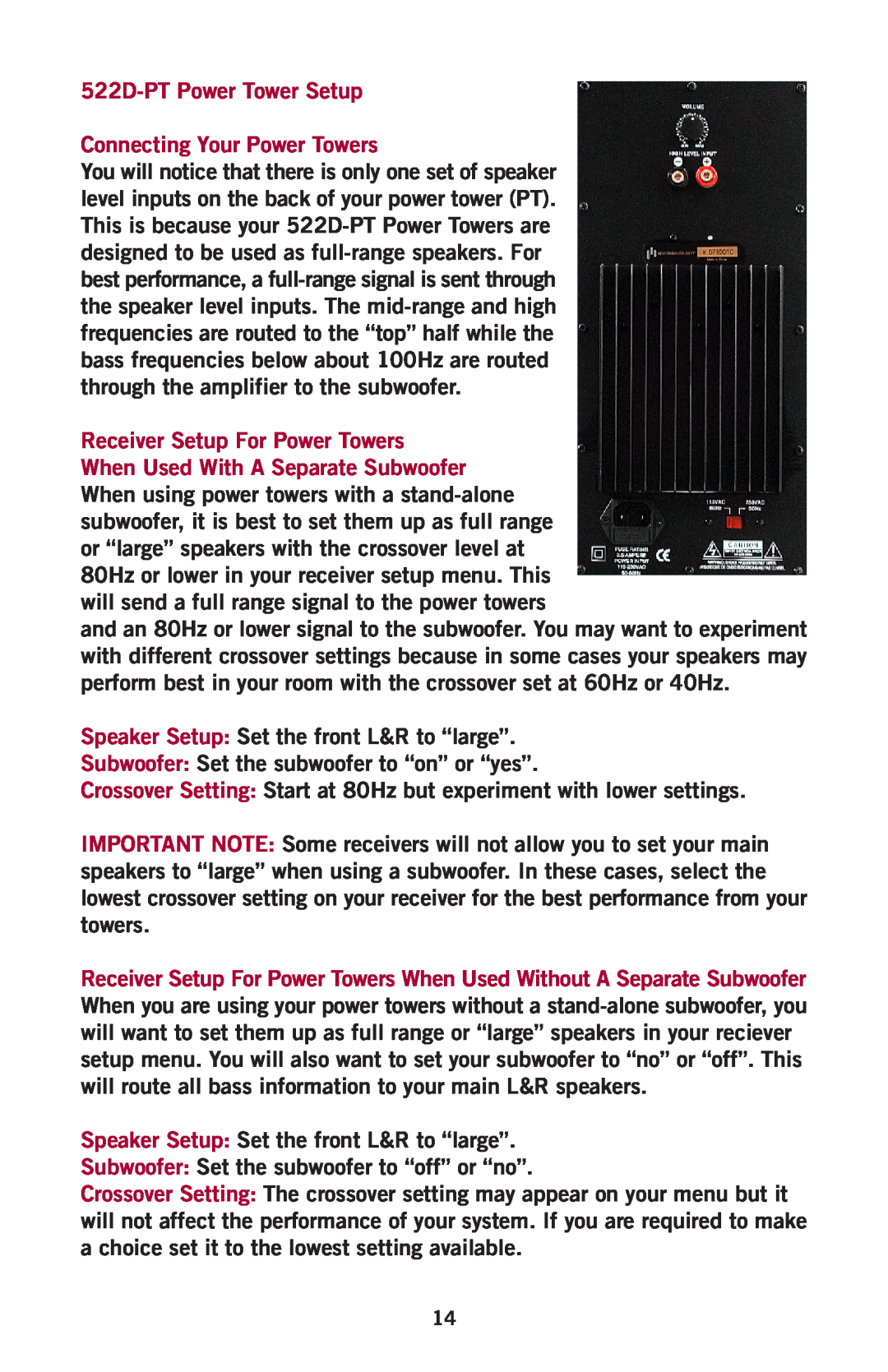 Aperion Audio Intimus Series owner manual 522D-PTPower Tower Setup, Connecting Your Power Towers 