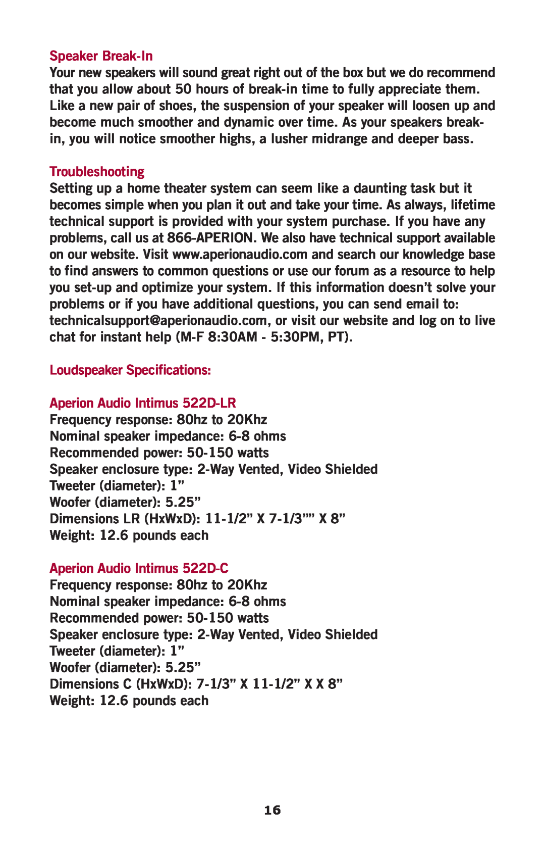 Aperion Audio Intimus Series Speaker Break-In, Troubleshooting, Loudspeaker Specifications, Aperion Audio Intimus 522D-LR 