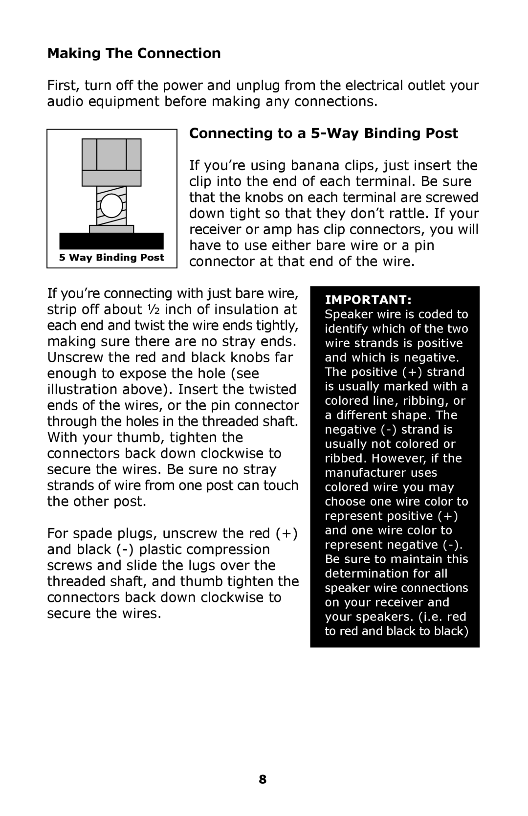 Aperion Audio SW-12, SW8-APR owner manual Making The Connection, Connecting to a 5-Way Binding Post 