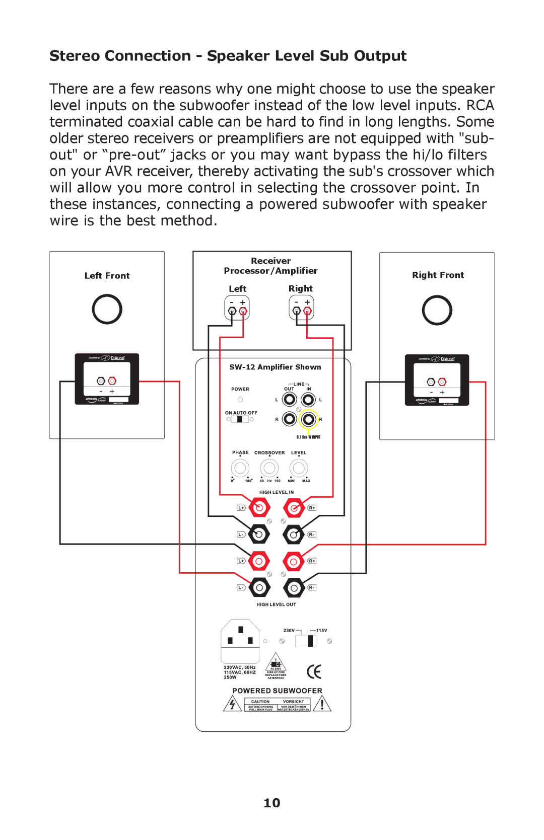 Aperion Audio SW-12, SW8-APR owner manual Stereo Connection Speaker Level Sub Output 