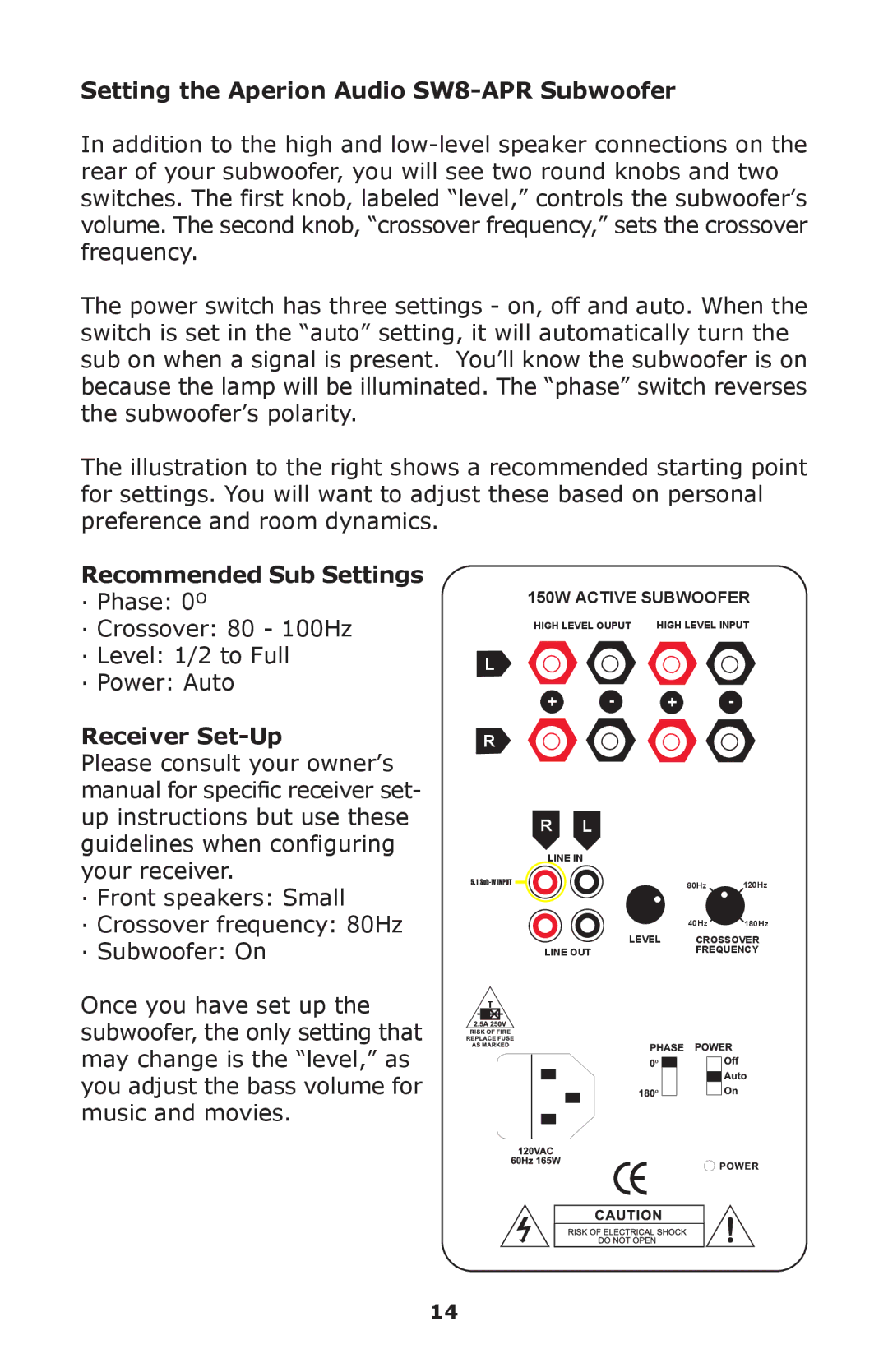 Aperion Audio SW-12 owner manual Setting the Aperion Audio SW8-APR Subwoofer 