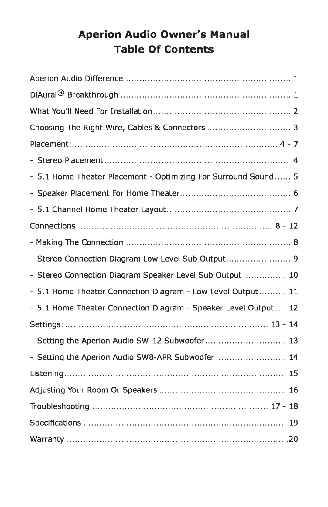 Aperion Audio SW8-APR, SW-12 owner manual Aperion Audio Owner’s Manual, Table Of Contents 